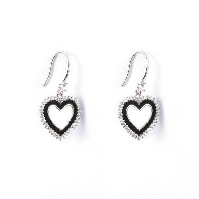Black Heart Pendant Cz Hook Earrings 