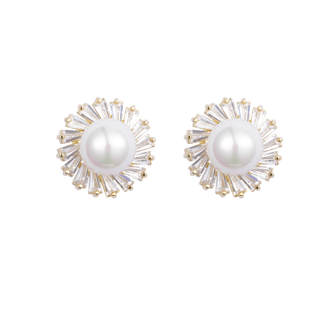 Sun Flower Shaped Pearl And Cz Decorated Earrings 