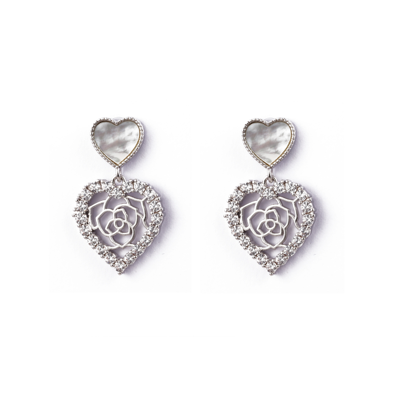 In-stock Rhodium Plated Rose Heart Earrings