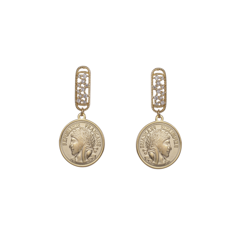 Zirconia Coin Drop Earrings 