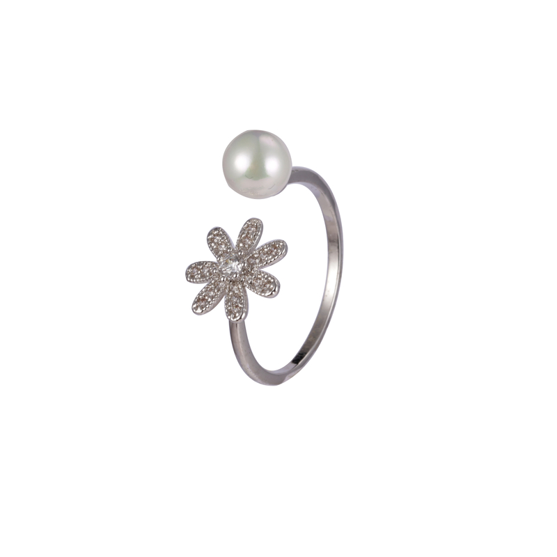 Cubic Zircon Flower Pearl Ring