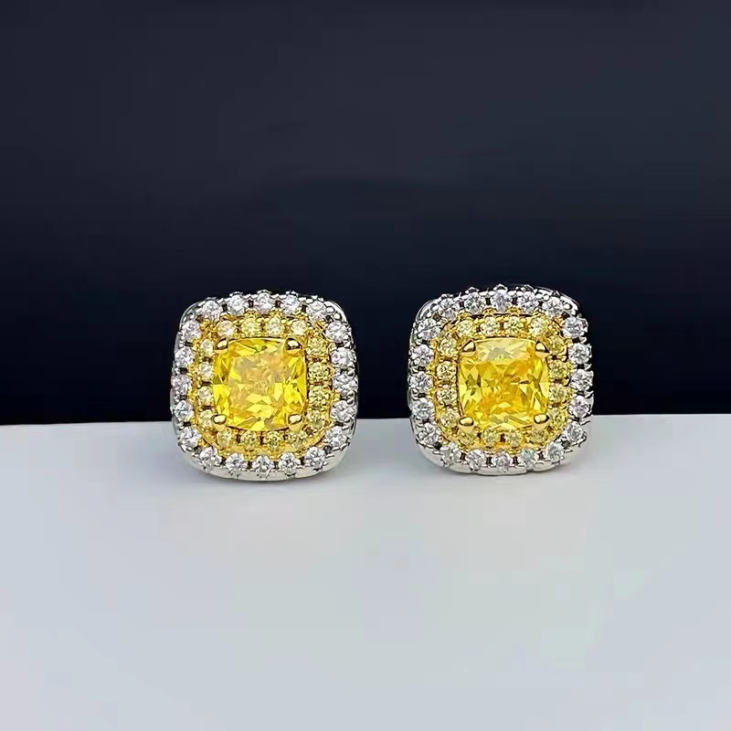 Square Bling Yellow Drill Stud Earrings ETB020