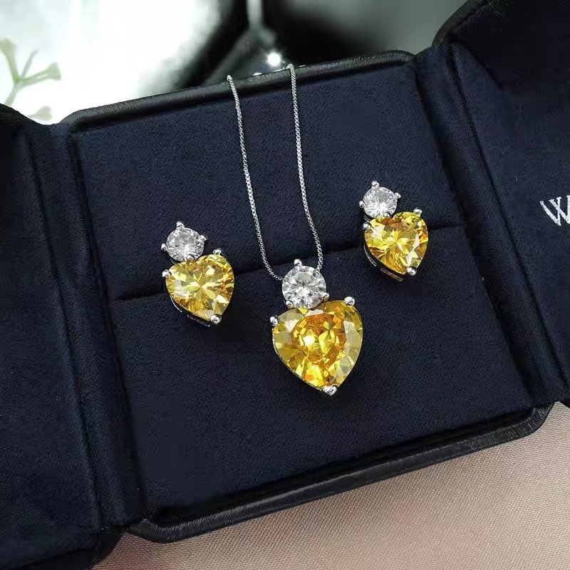 Yellow Love Crystal CZ Pendant Necklace and Earrings Set STB017