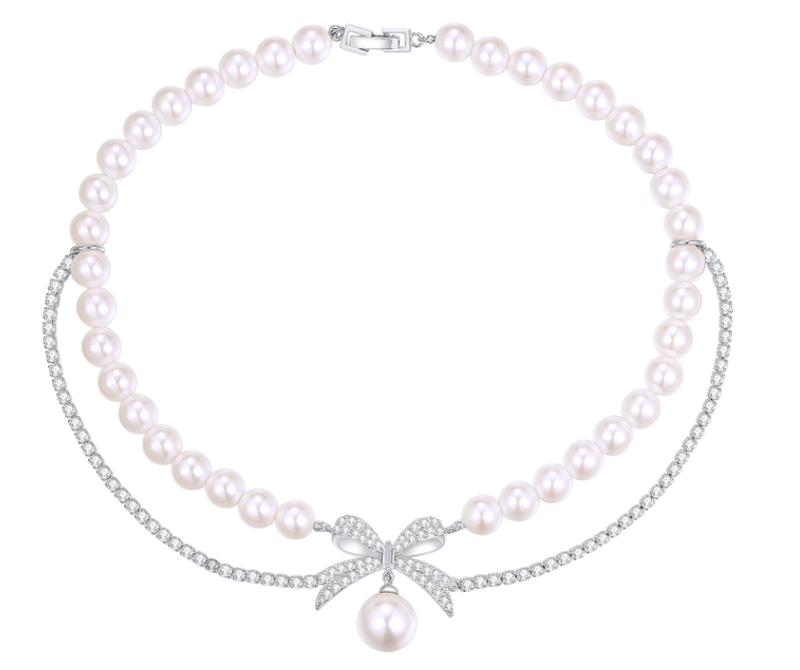 Pearl Bowknot Zircon Chain Necklace NTB079