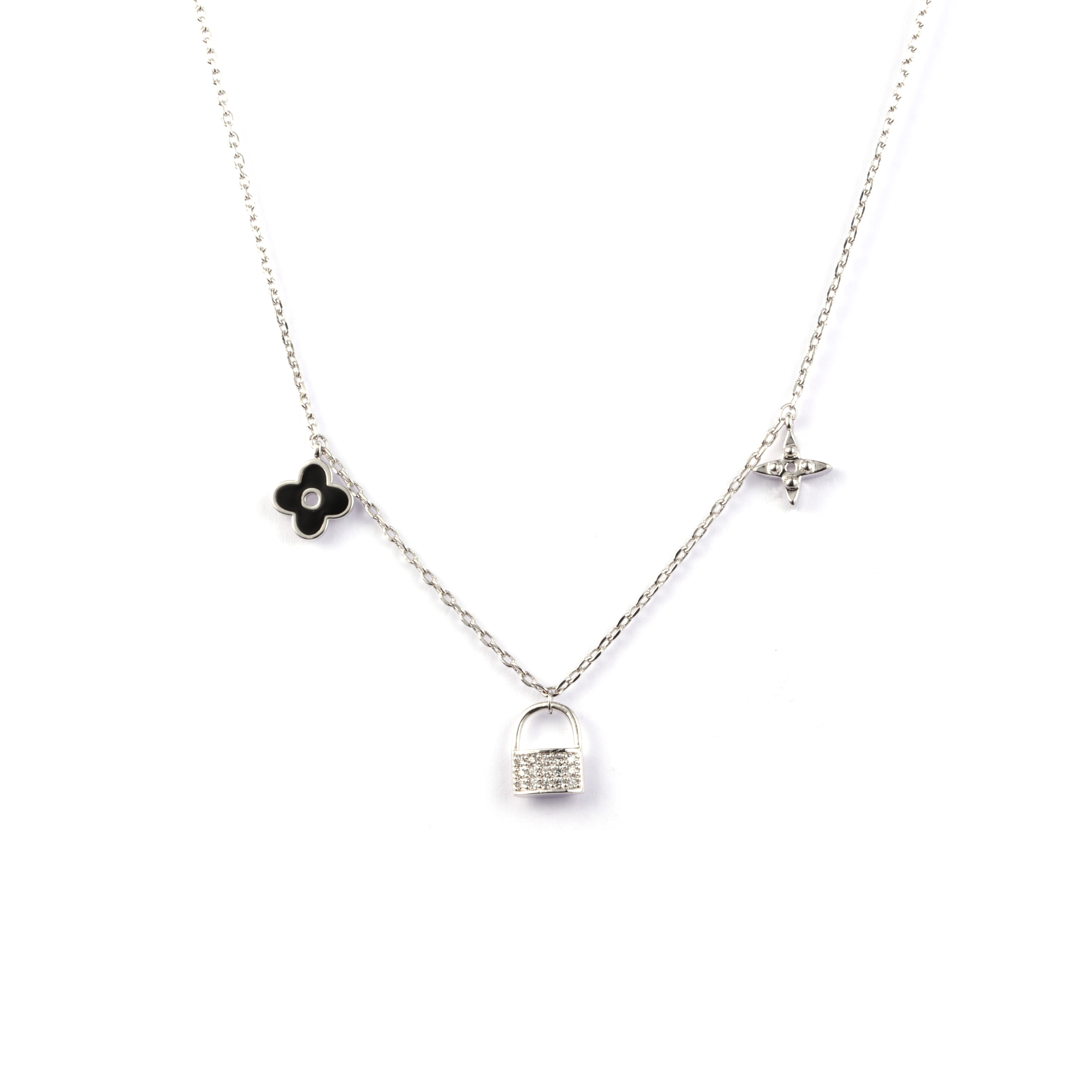 Flower Lock Star Pendant Silver Chain Necklace
