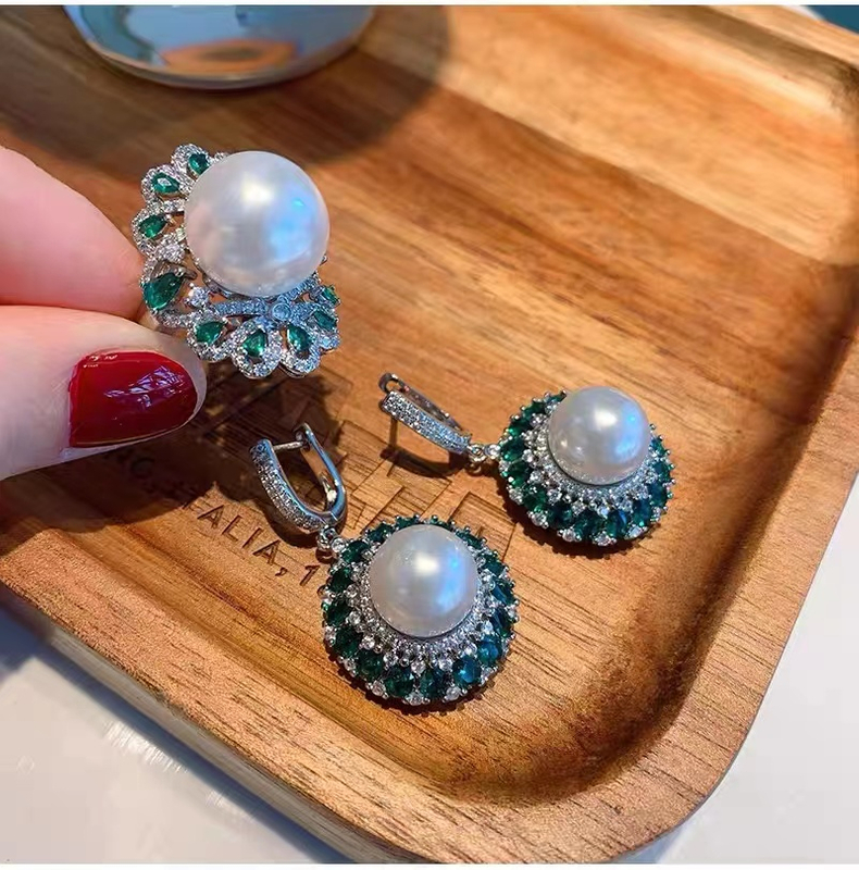 Green Gemstone White Big Pearl Earrings and Ring Set STB002
