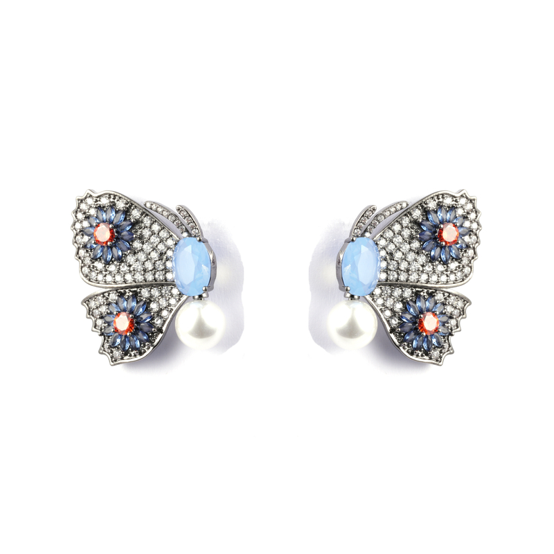Butterfly Shape Colorful Cz Decorated Rhodium Plated Earring 