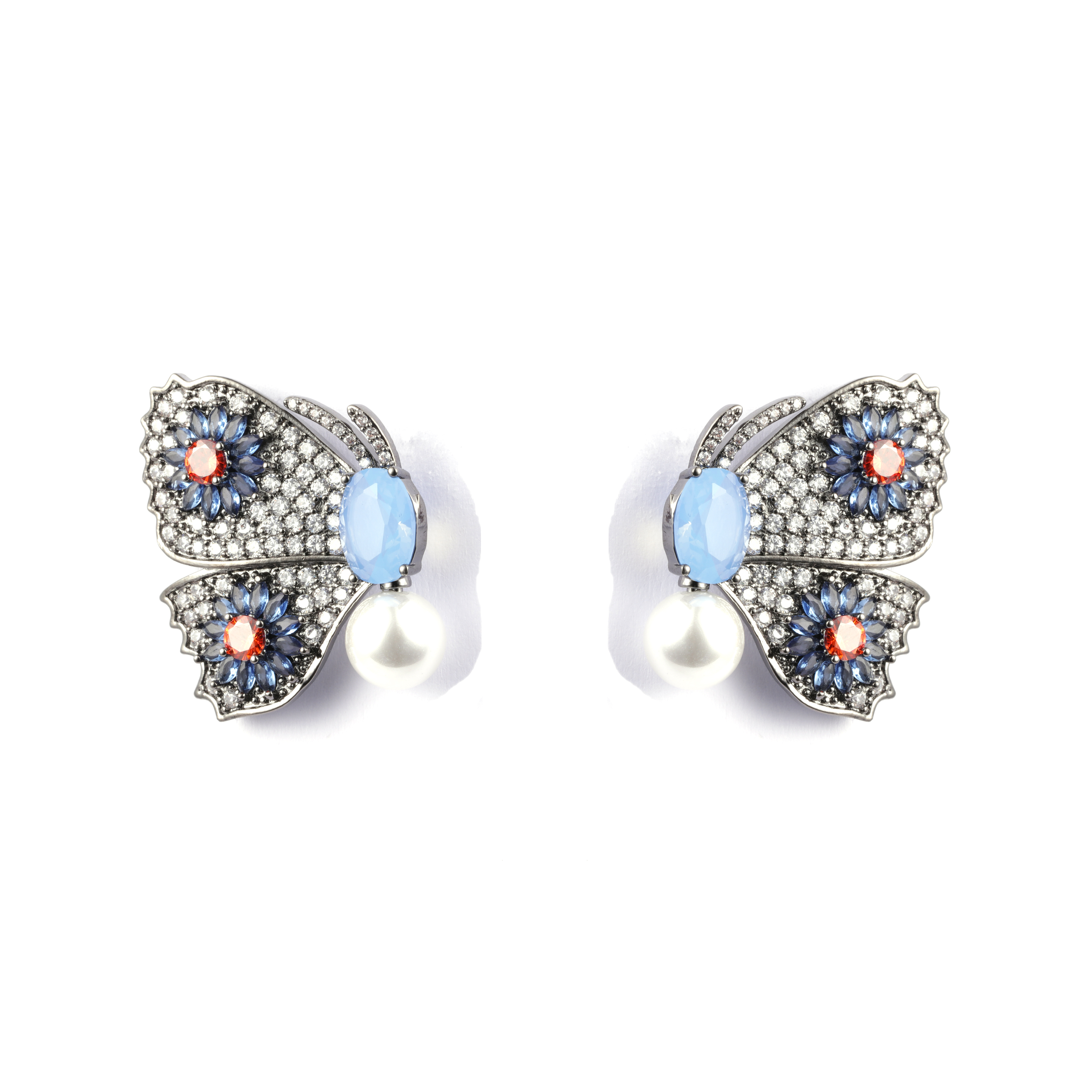 Butterfly Shape Colorful Cz Decorated Rhodium Plated Earring 