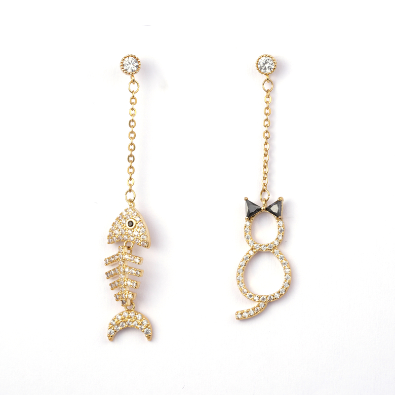 Fish And Cat Cz Earrings