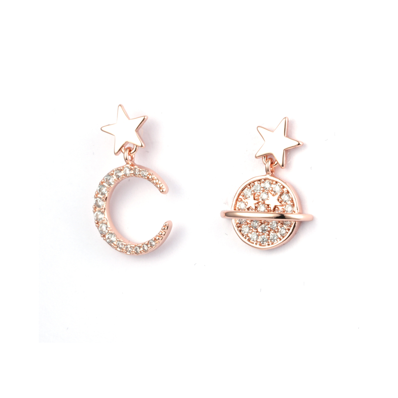 In-stock Rose Gold Plated Stars And Moon Cz Earrings