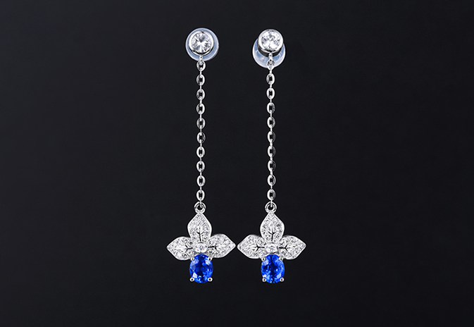 Blue Gemstone Long Flower Stud Earrings ETB052