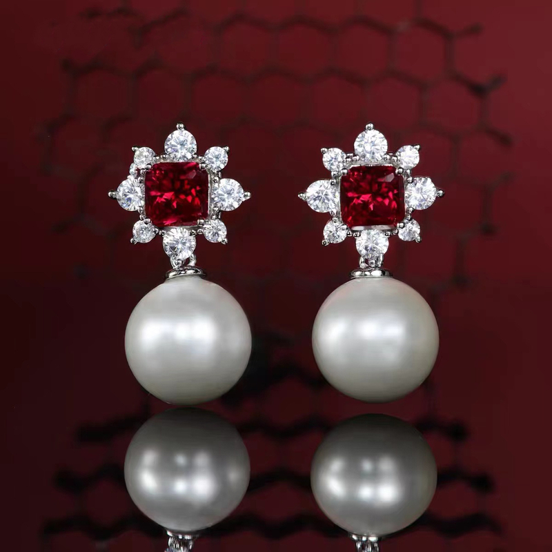 Red Stone Fashion Custom Pearl Earrings ETB005