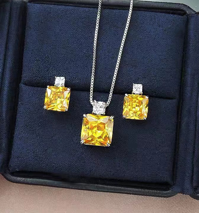 Yellow Crystal Gemstone Pendant Necklace and Earrings Set STB013