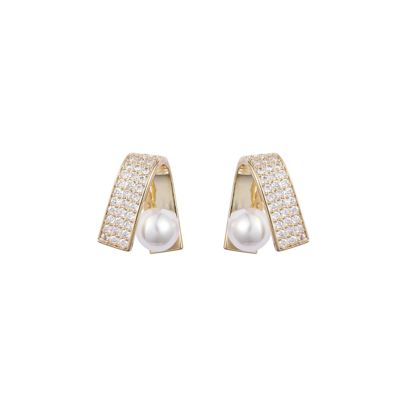 Exw Price Curved Line Pearl Earrings 14k Gold Plated 