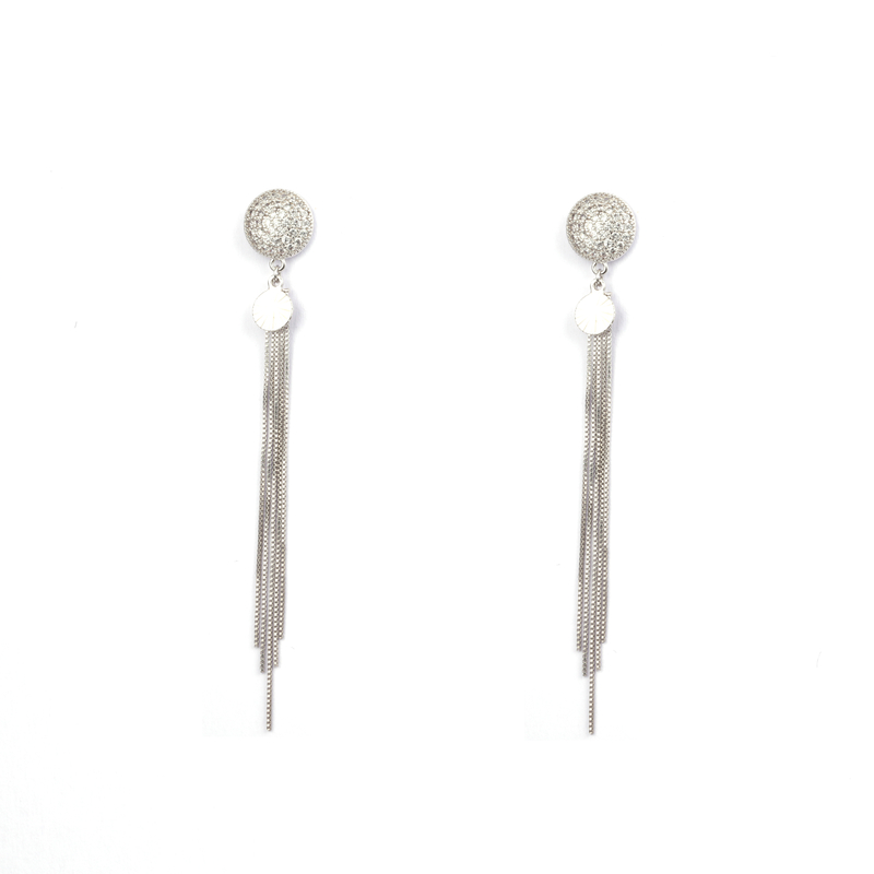 Rhodium Plated Cubic Zircon Tassel Earrings 