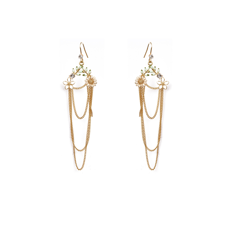 Enamel Flower Chain Earrings