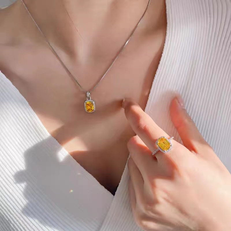 Imitate Yellow Crystal Pendant Zircon Necklace and Ring Set STB006