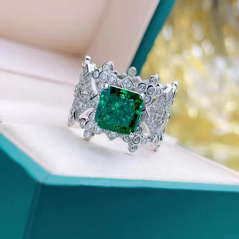Bling Hollow Out Inset Drill Green Gemstone Wide Ring RTB031