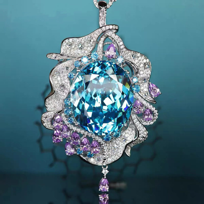Pendant Necklace with Blue Crystal Gemstone and Purple Small Stone NTB034