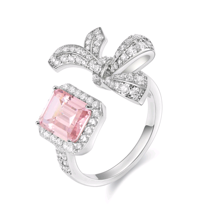 Pink Square Diamond Bowknot Open Ring RTB141