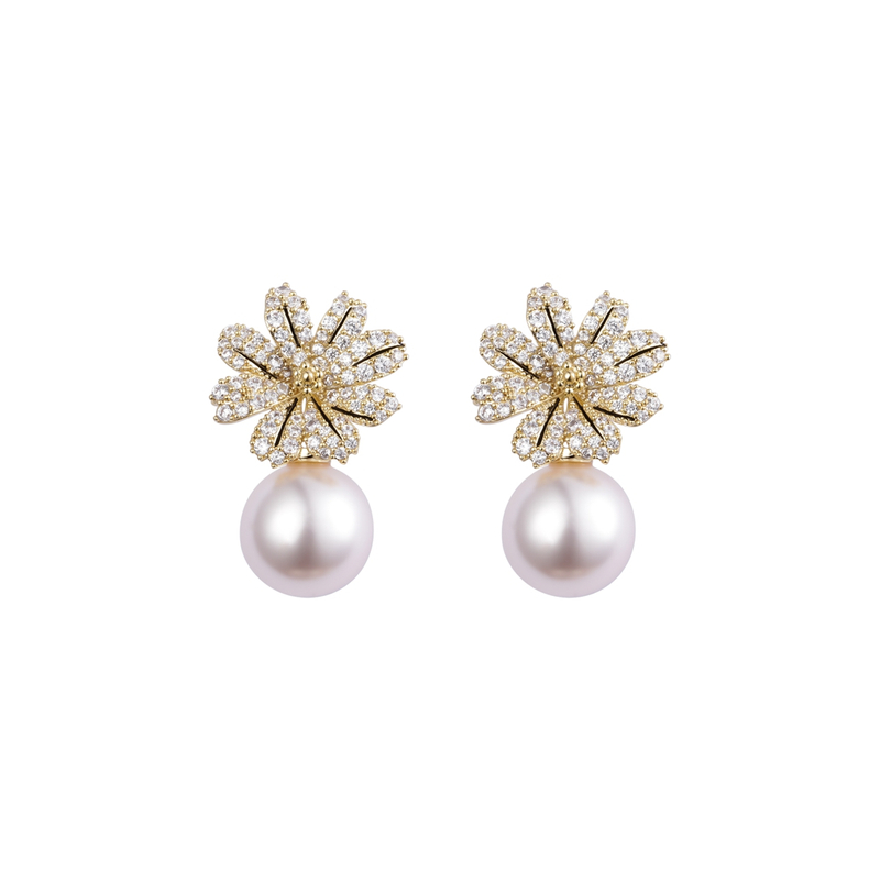 Cz Decorated Pink Pearl Earrings Studs
