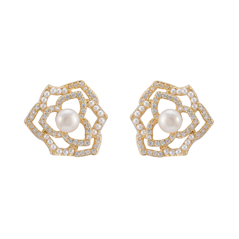 Rose Stud Earrings Faux Pearl Decor Wholesale Price $2.64-3.14