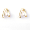 Curly Metal Decorated Pearl & Cubic Zircon Earrings Brass Base 14K Gold Plated