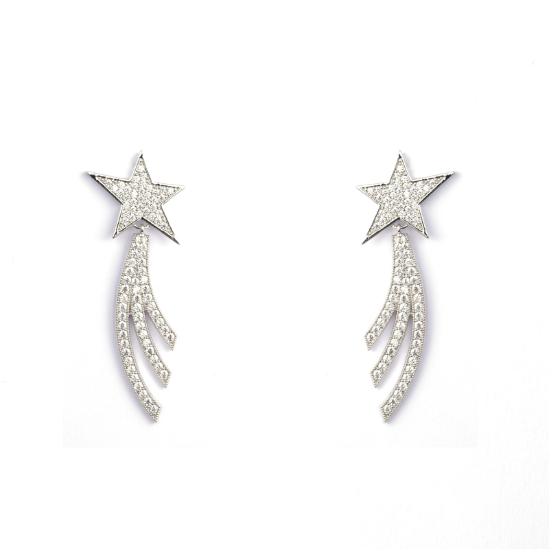 Cubic Zircon Shooting Stars Rhodium Plated Earrings