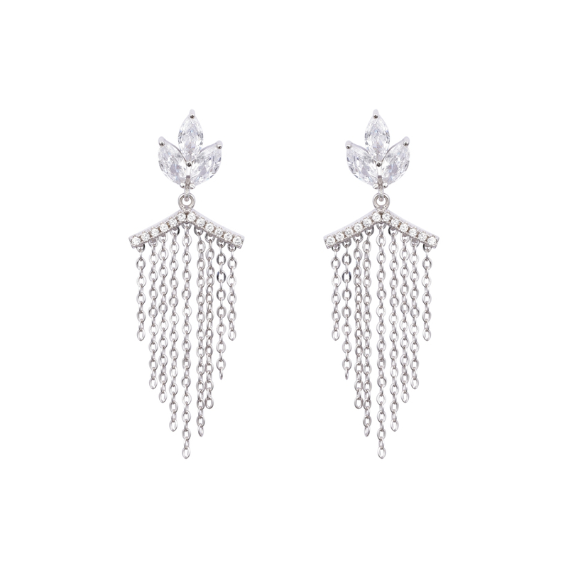 Jewelry Manufacturer Supply Rhodium Metal Tassels Cubic Zirconia Earrings 
