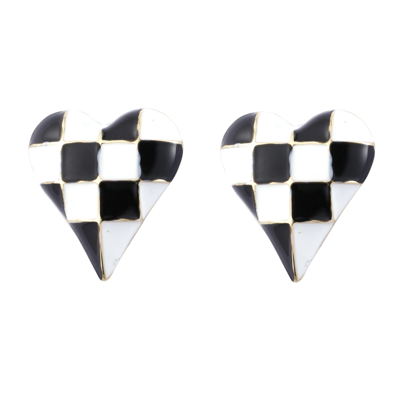 Brass Base Black And White Heart-shape Checkerboard Fashion Earrings