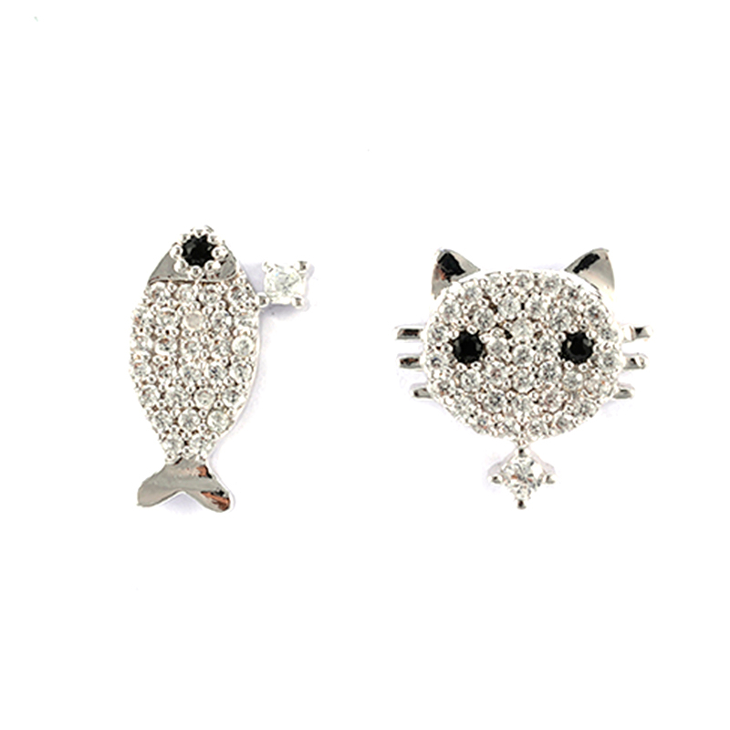 Cat And Fish Enamel Cubic Zirconia Earrings